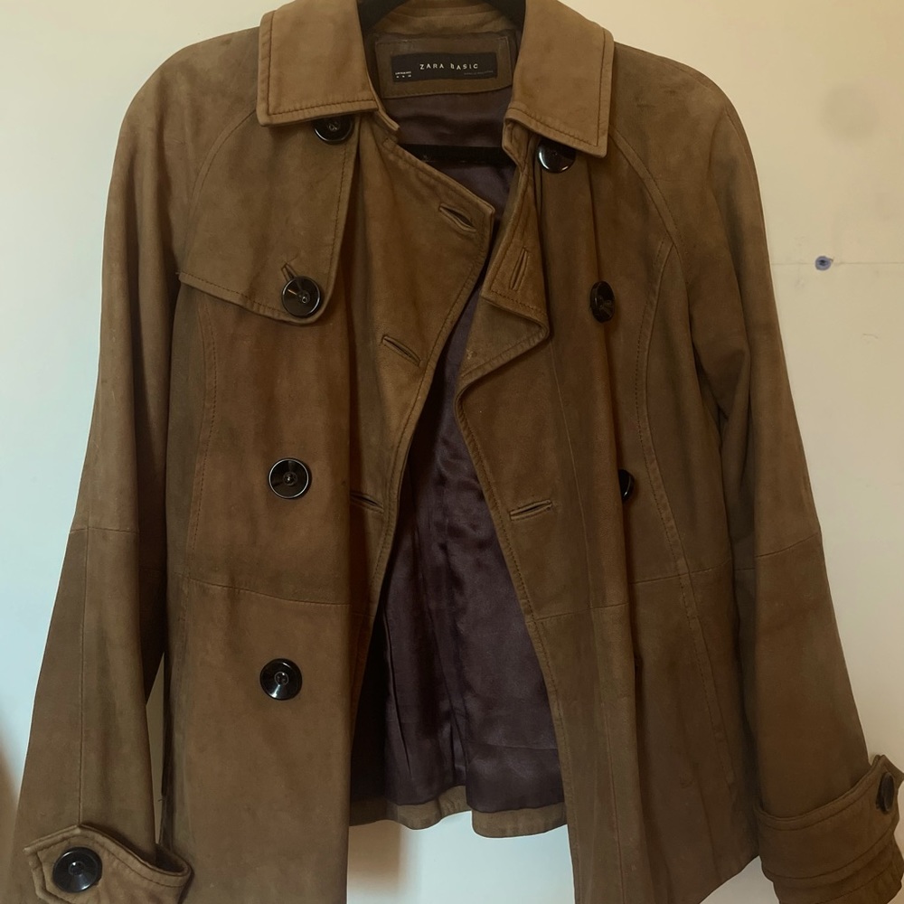 Vintage Zara Leather Jacket Short Trench-coat Genuine Cow Leather Size Medium